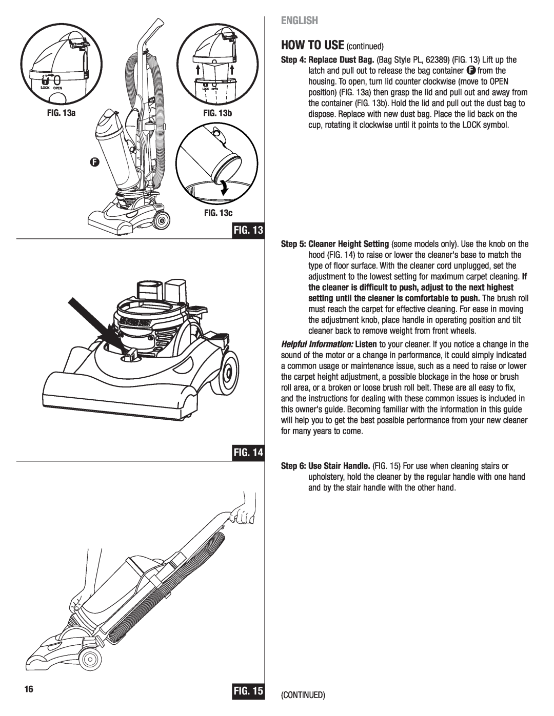 Eureka 4750 manual HOW TO USE continued, English, b 