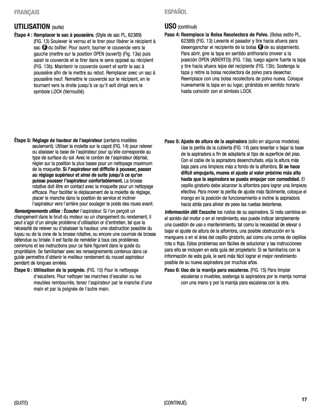 Eureka 4750 manual UTILISATION suite, Français, Español, USO continué, Suite 