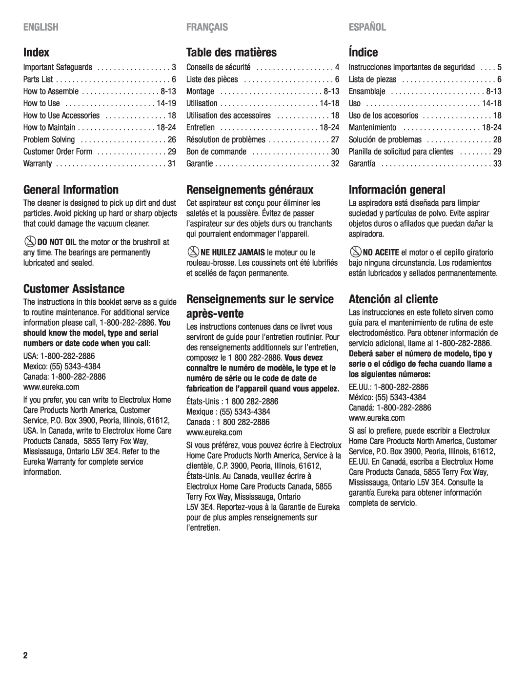 Eureka 4750 Index, Table des matières, Índice, General Information, Renseignements généraux, Información general, English 