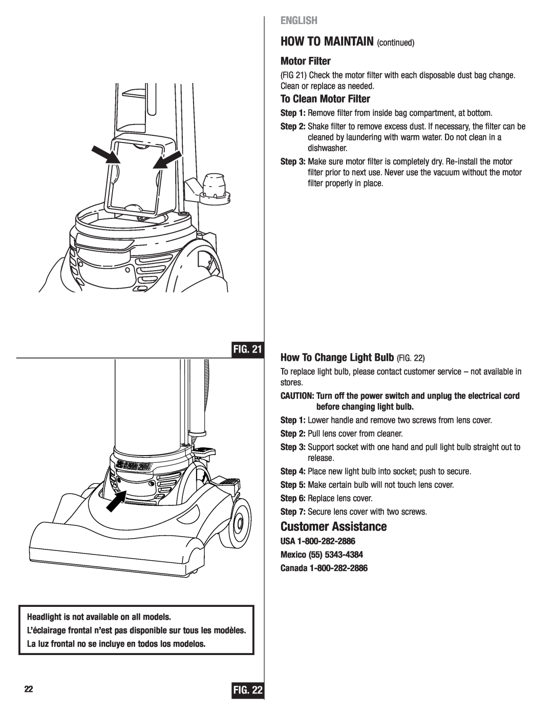 Eureka 4750 manual HOW TO MAINTAIN continued, To Clean Motor Filter, How To Change Light Bulb FIG, Customer Assistance 