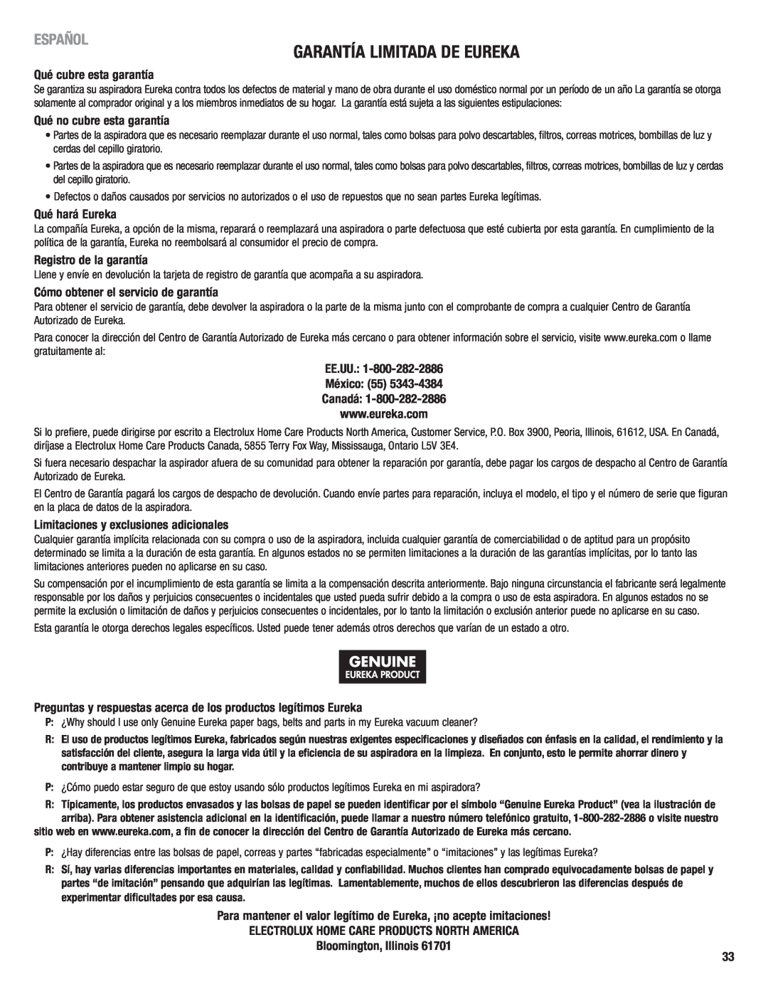 Eureka 4750 manual Garantía Limitada De Eureka, Español 