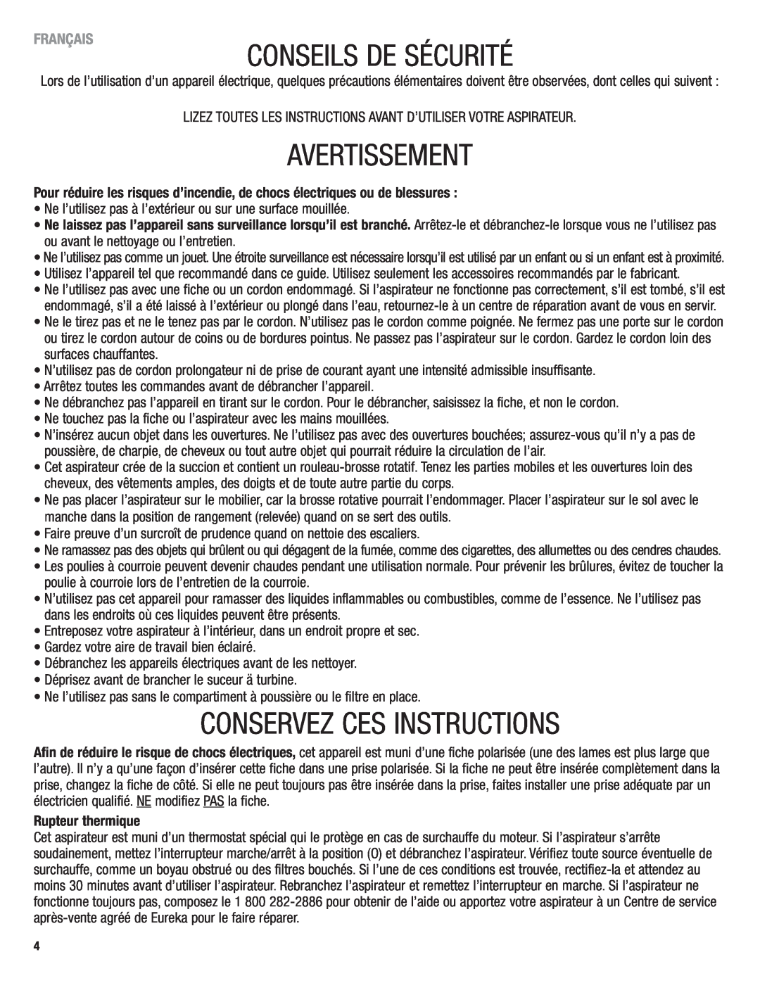 Eureka 4750 manual Conseils De Sécurité, Avertissement, Conservez Ces Instructions, Rupteur thermique, Français 