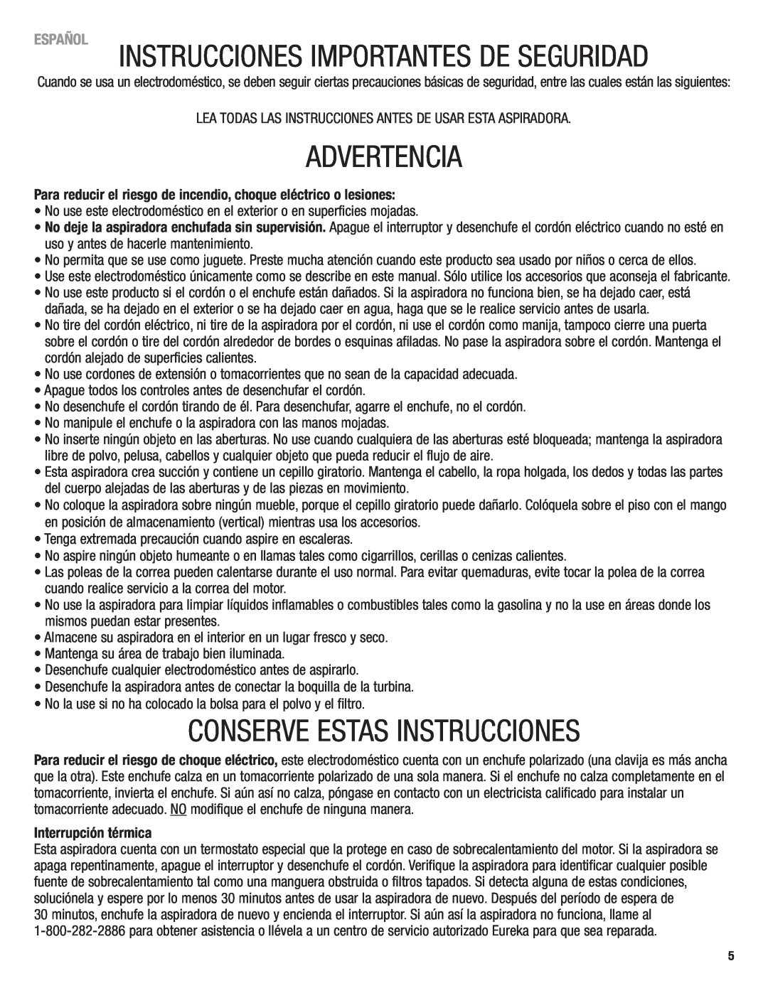 Eureka 4750 manual Advertencia, Conserve Estas Instrucciones, Español, Interrupción térmica 