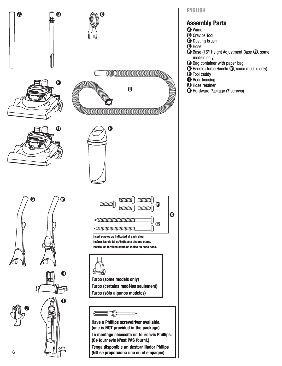 Eureka 4750 manual Assembly Parts, GG1 H I J, C D F, English, Insert screws as indicated at each step 