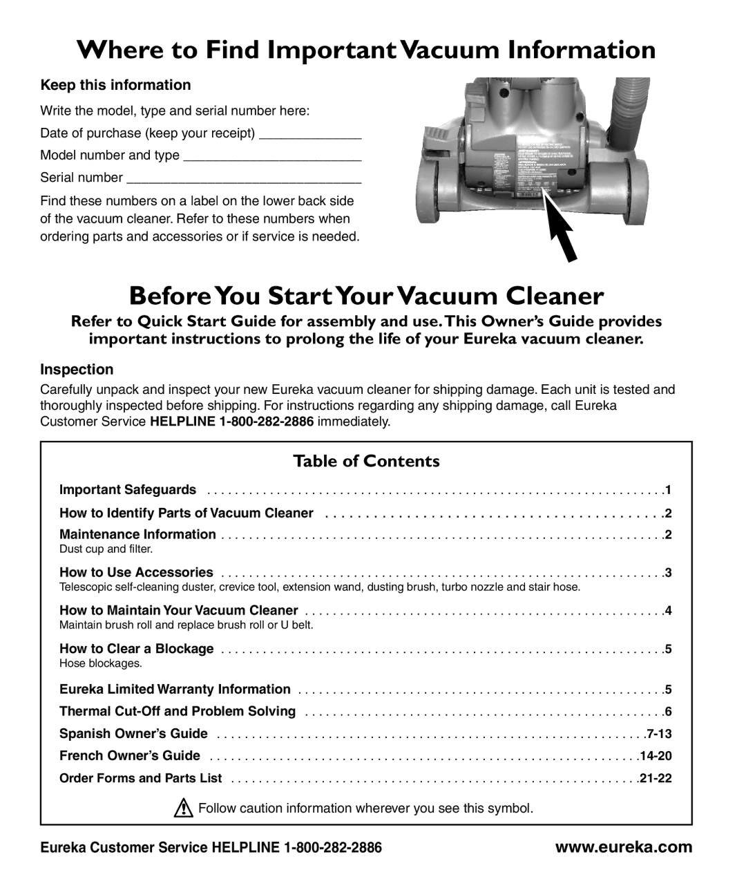 Eureka 4770 series manual Where to Find Important Vacuum Information, BeforeYou Start Your VacuumCleaner 