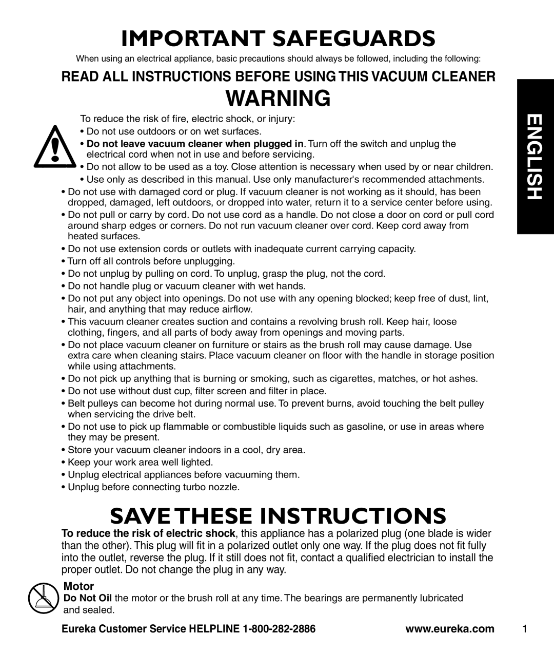 Eureka 4770 series manual Important Safeguards, Motor 