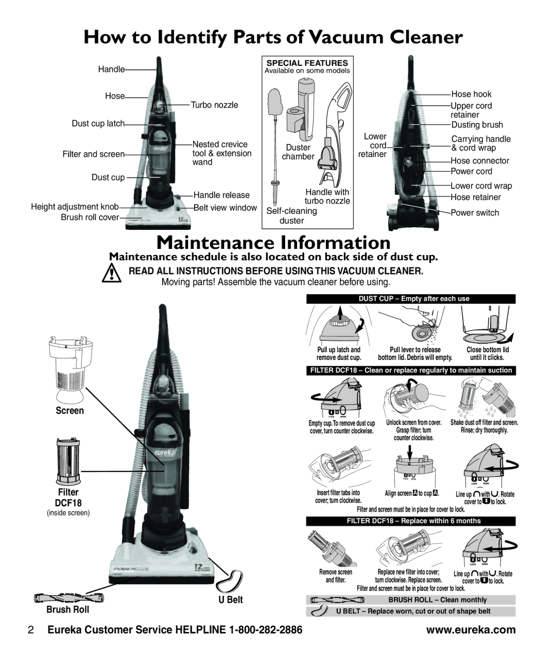 Eureka 4770 series manual How to Identify Parts of Vacuum Cleaner, Maintenance Information, Screen, Filter, Belt Brush Roll 