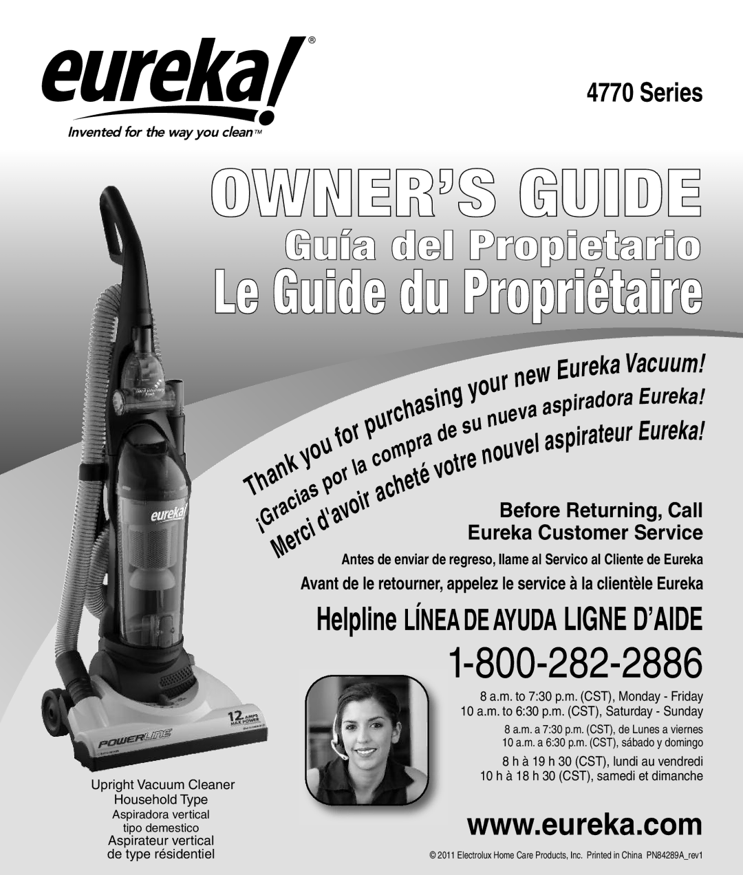 Eureka 4770 manual OWNER’S Guide, Upright Vacuum Cleaner Household Type 