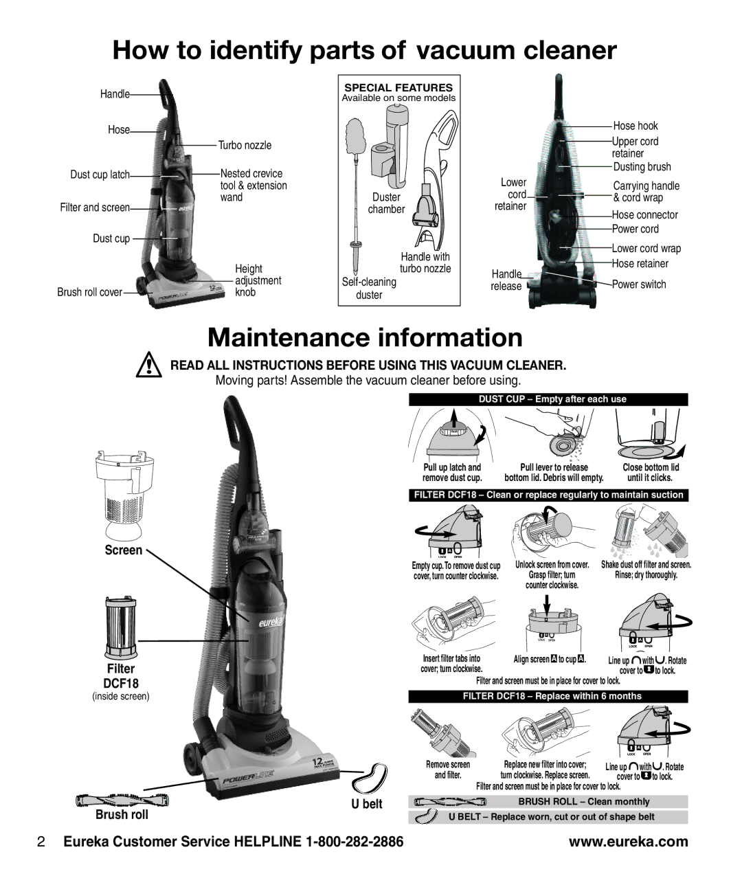 Eureka 4770 manual How to identify parts of vacuum cleaner, Maintenance information 