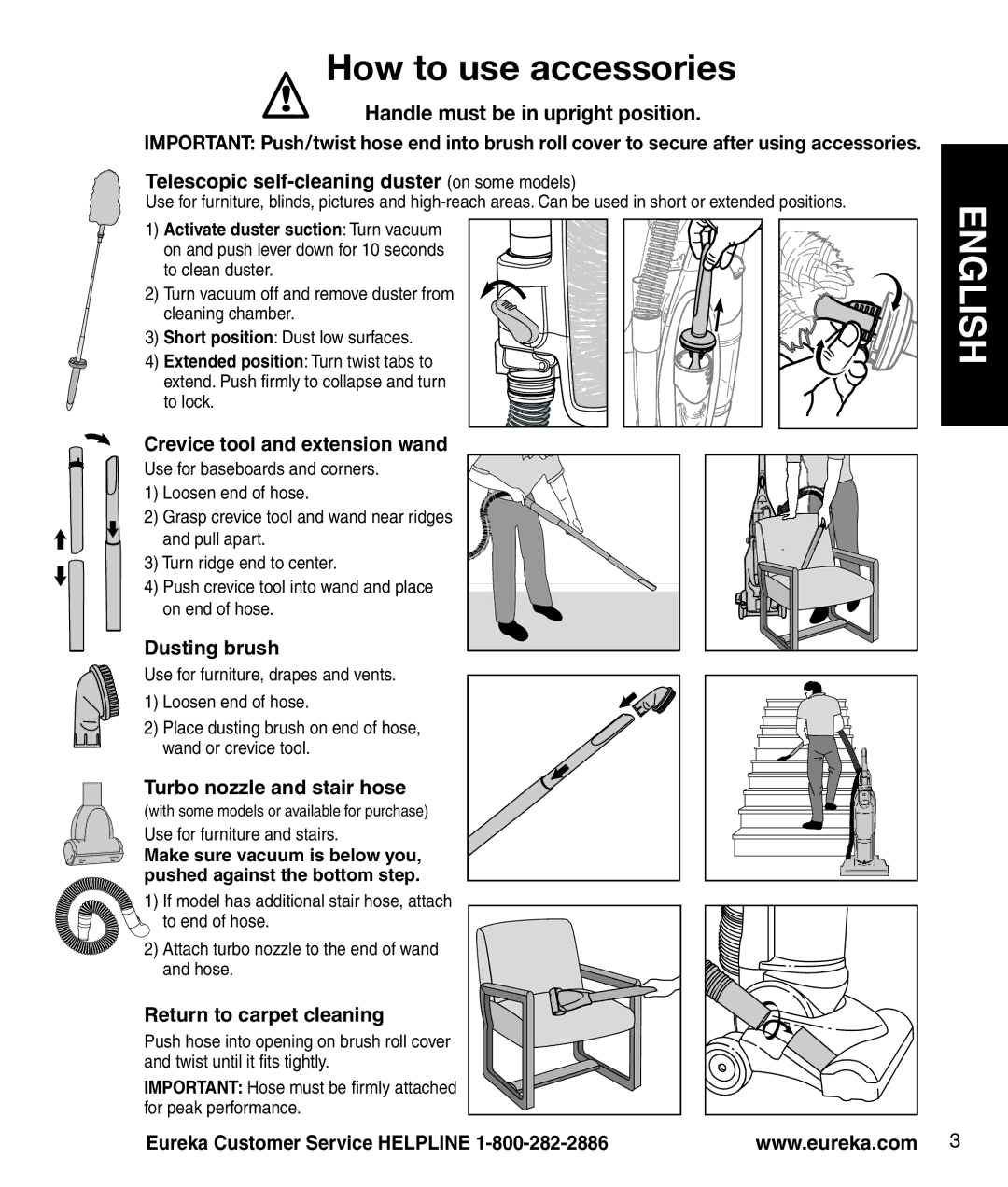 Eureka 4770 manual How to use accessories, Crevice tool and extension wand, Dusting brush, Turbo nozzle and stair hose 