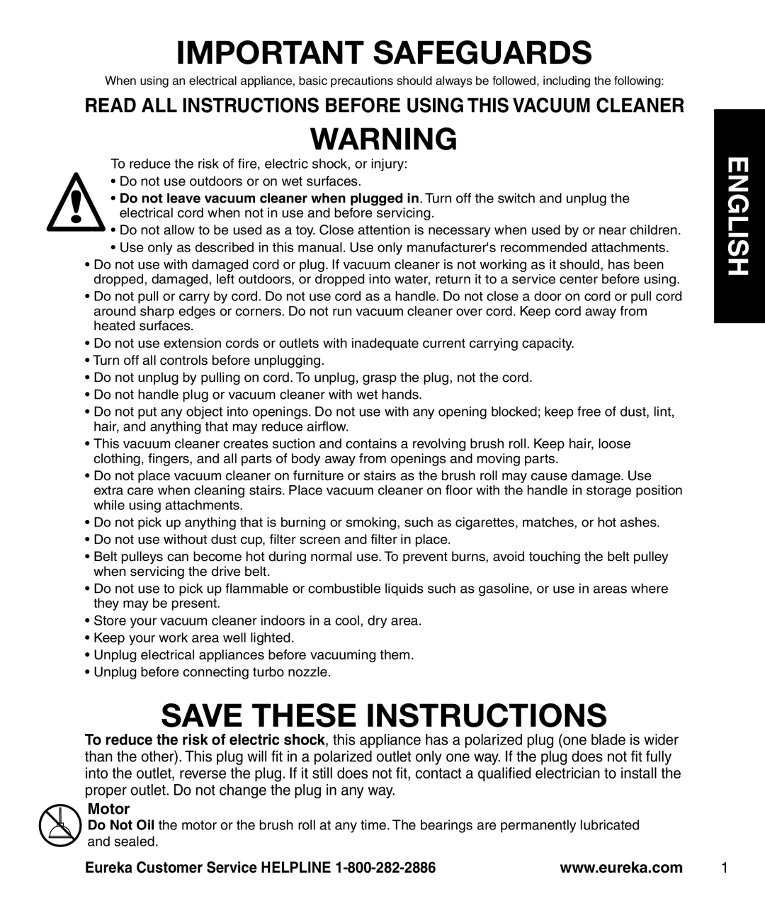 Eureka 4770 manual English, Motor, Important Safeguards, Save These Instructions, Eureka Customer Service HELPLINE 