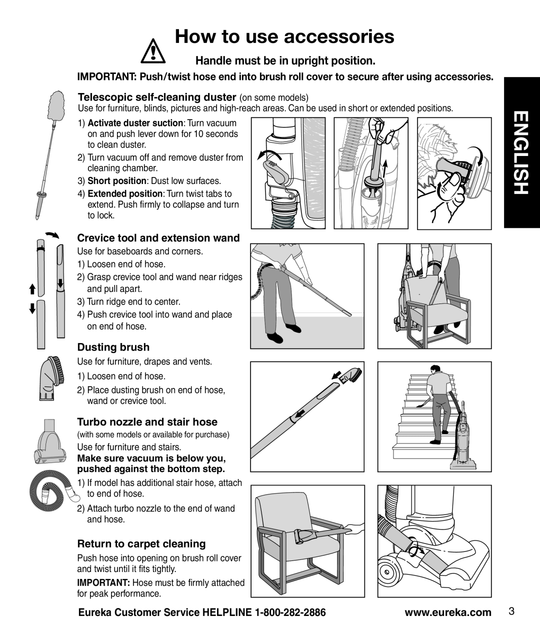 Eureka 4770 manual How to use accessories, Telescopic self-cleaning duster on some models, Crevice tool and extension wand 