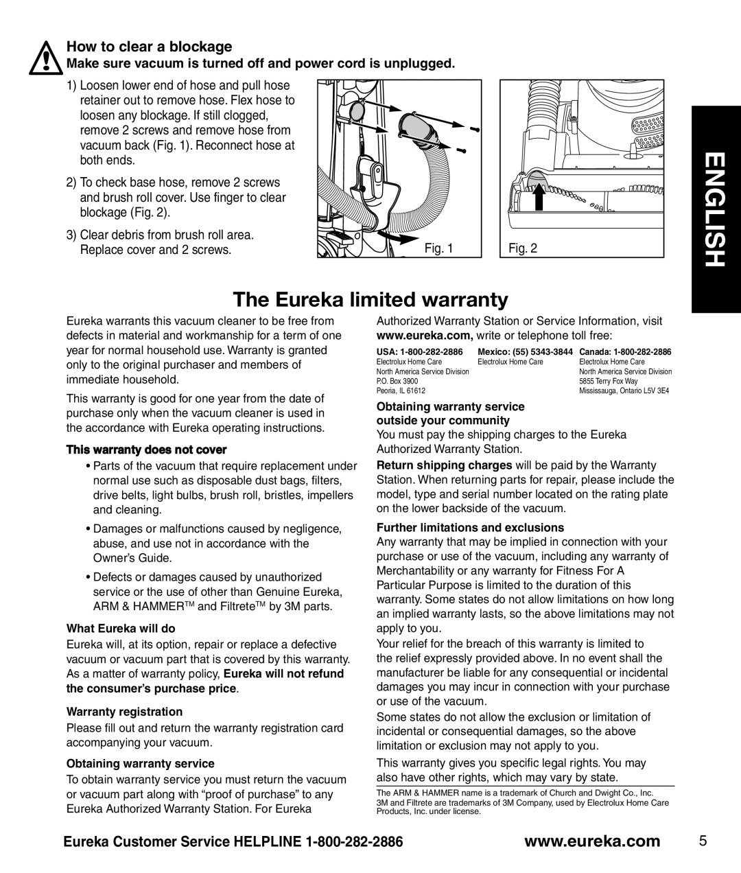 Eureka 4770 manual How to clear a blockage, Make sure vacuum is turned off and power cord is unplugged, English 