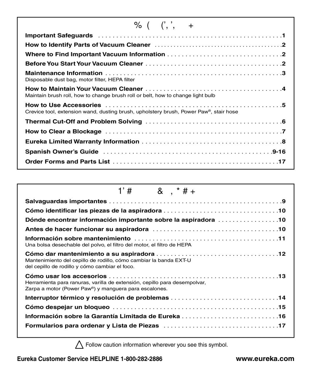 Eureka 4870 manual Table of Contents 