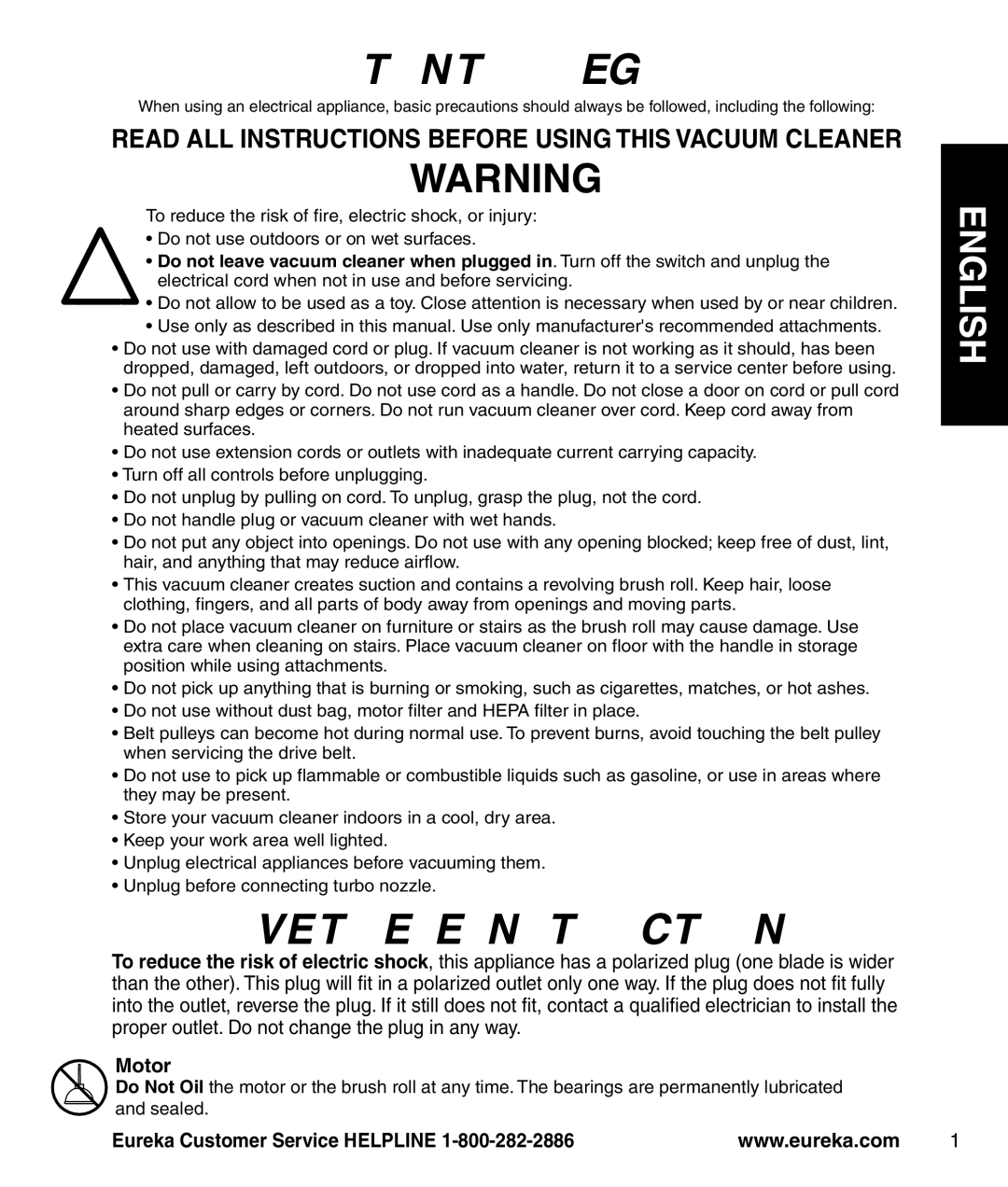 Eureka 4870 manual Important Safeguards, Motor 