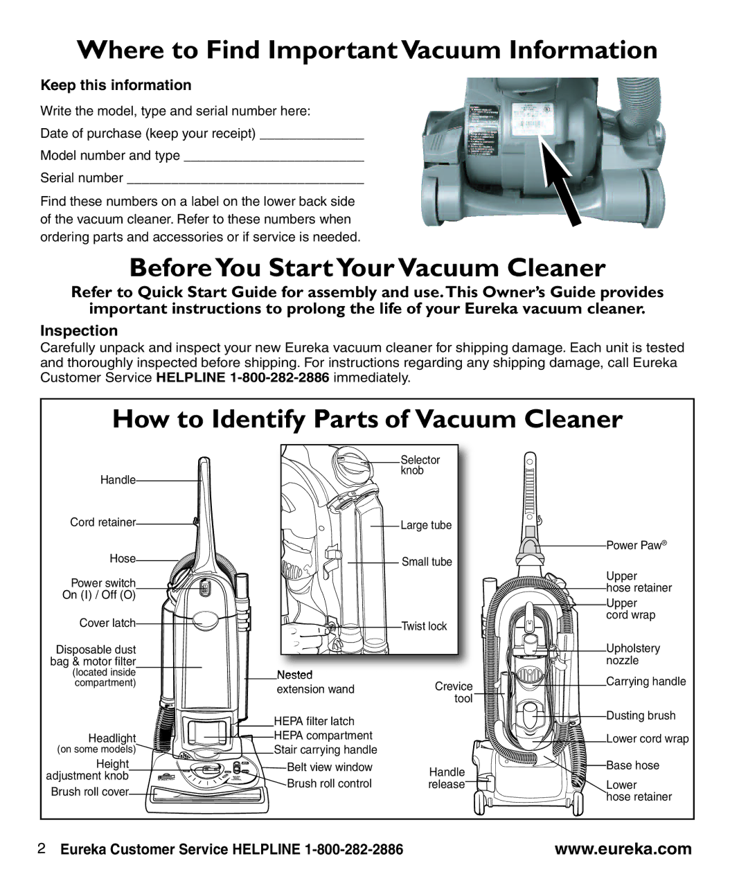 Eureka 4870 manual Where to Find Important Vacuum Information, BeforeYou Start Your VacuumCleaner, Keep this information 