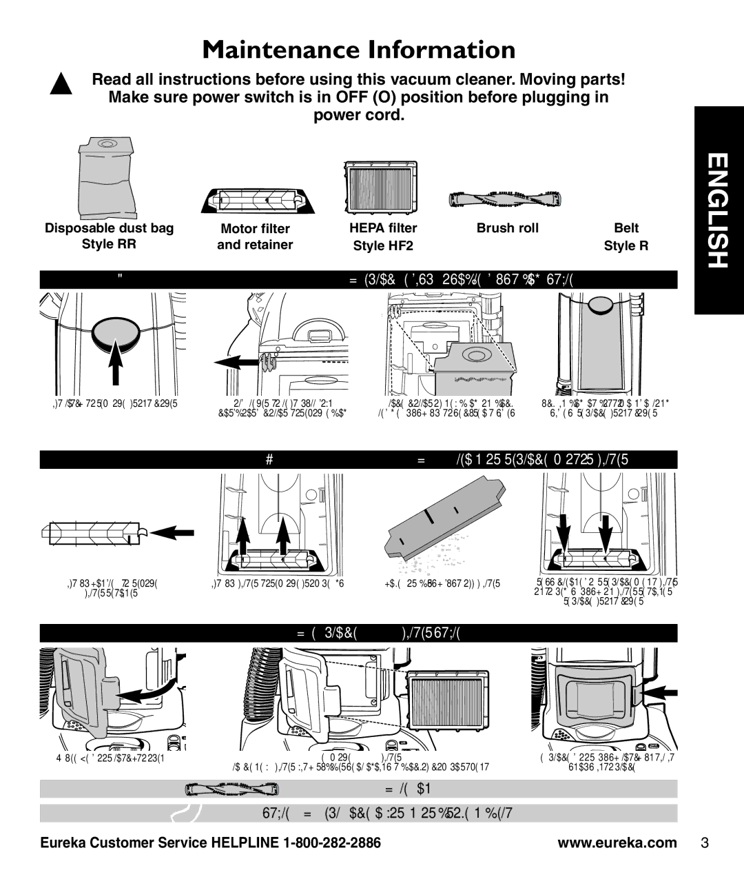 Eureka 4870 manual Maintenance Information, Power cord, Brush Roll Clean, Belt style R Replace a worn or broken belt 