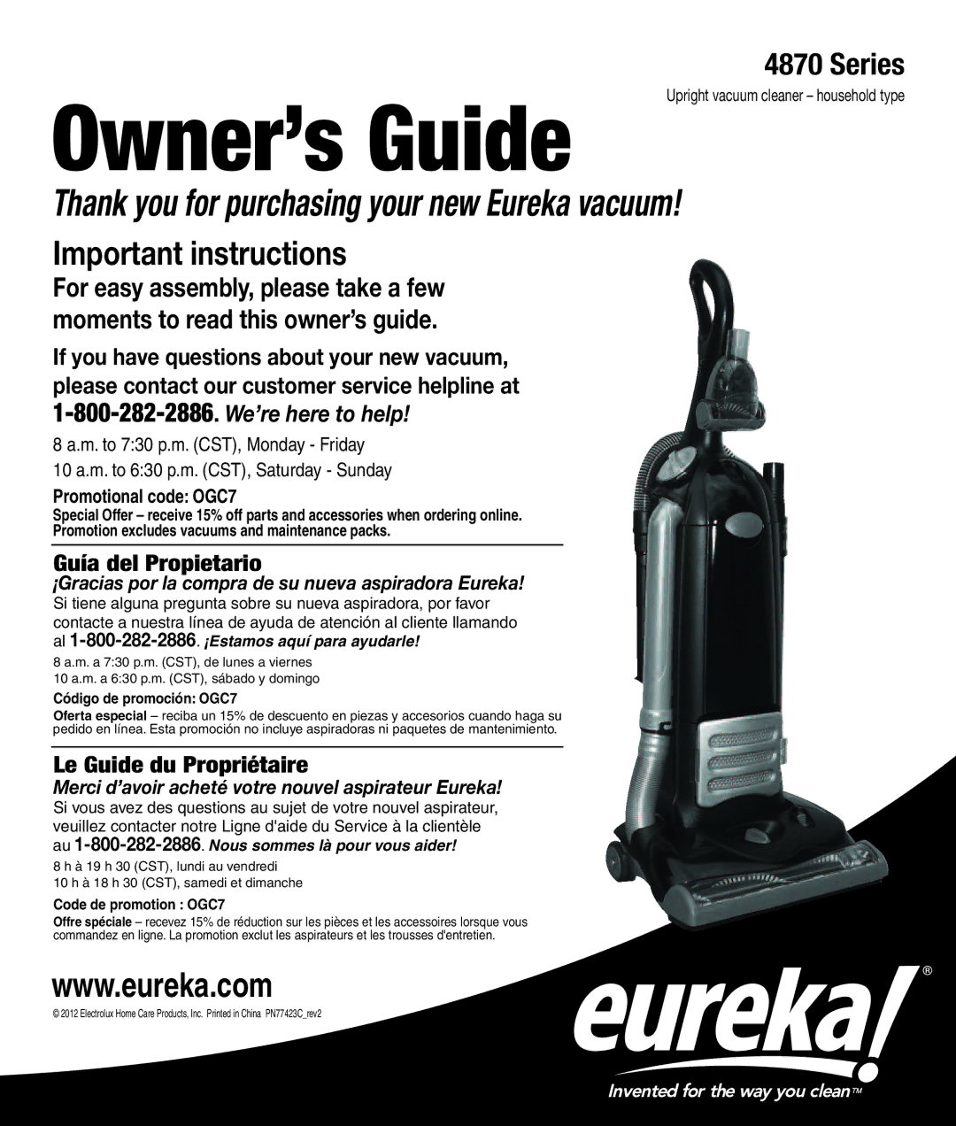 Eureka 4870 manual Owner’s Guide, Promotional code OGC7 