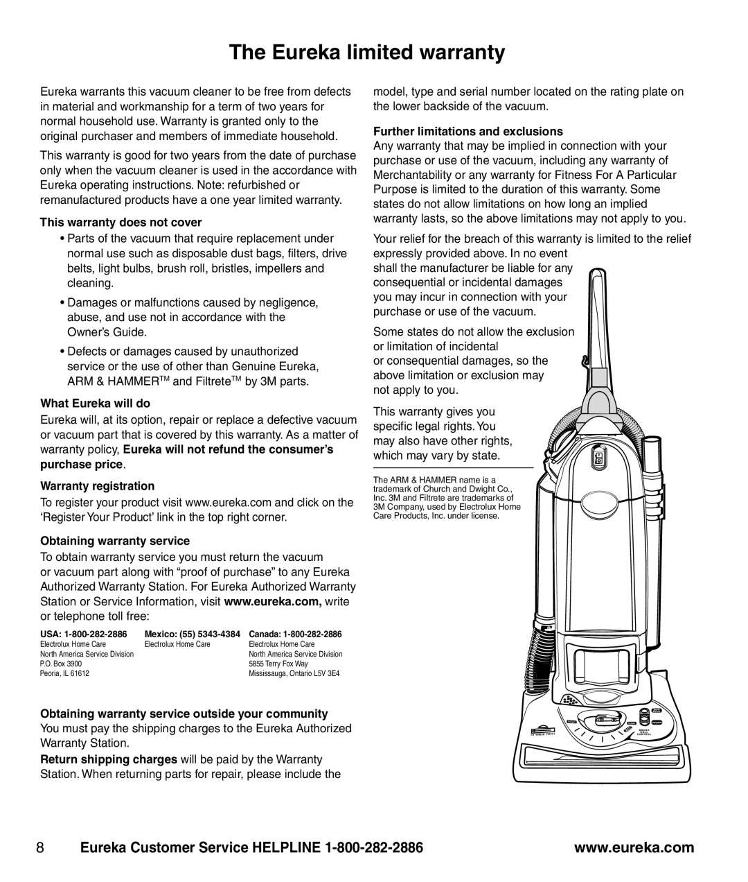 Eureka 4870 manual Eureka limited warranty 