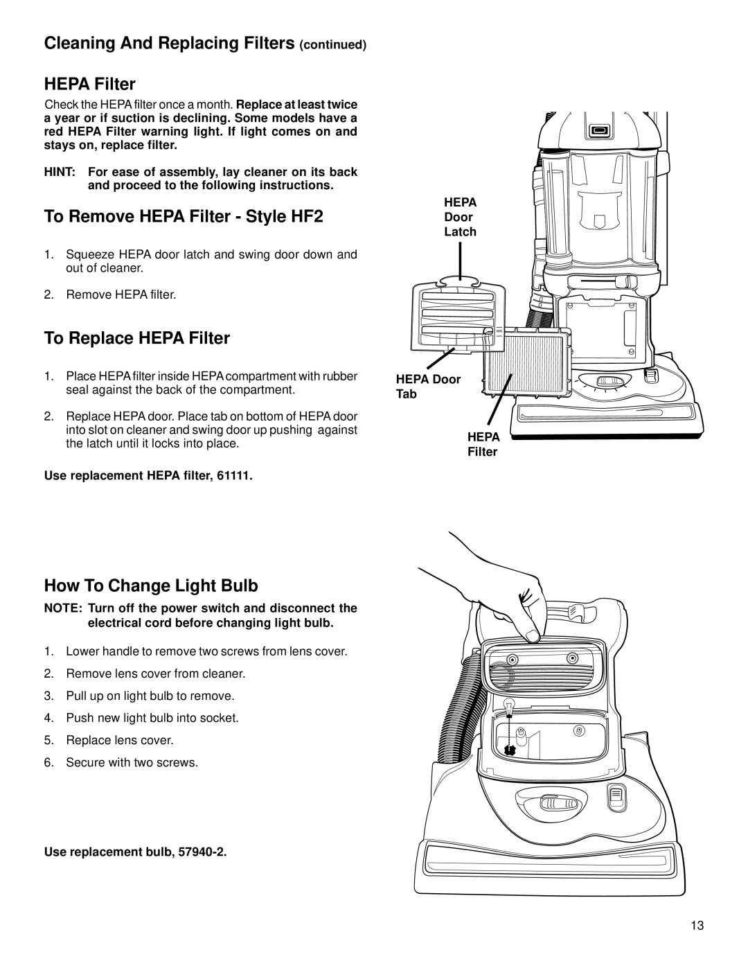 Eureka 4880 warranty Cleaning And Replacing Filters Hepa Filter, To Remove Hepa Filter Style HF2, To Replace Hepa Filter 