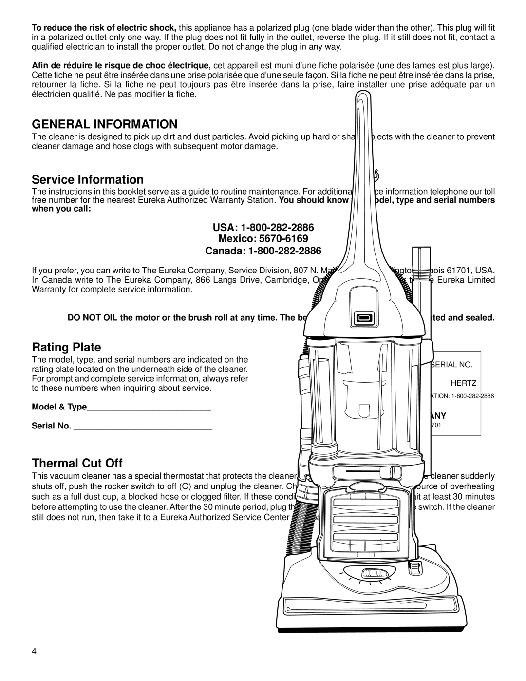 Eureka 4880 warranty General Information, Service Information, Rating Plate, Thermal Cut Off 