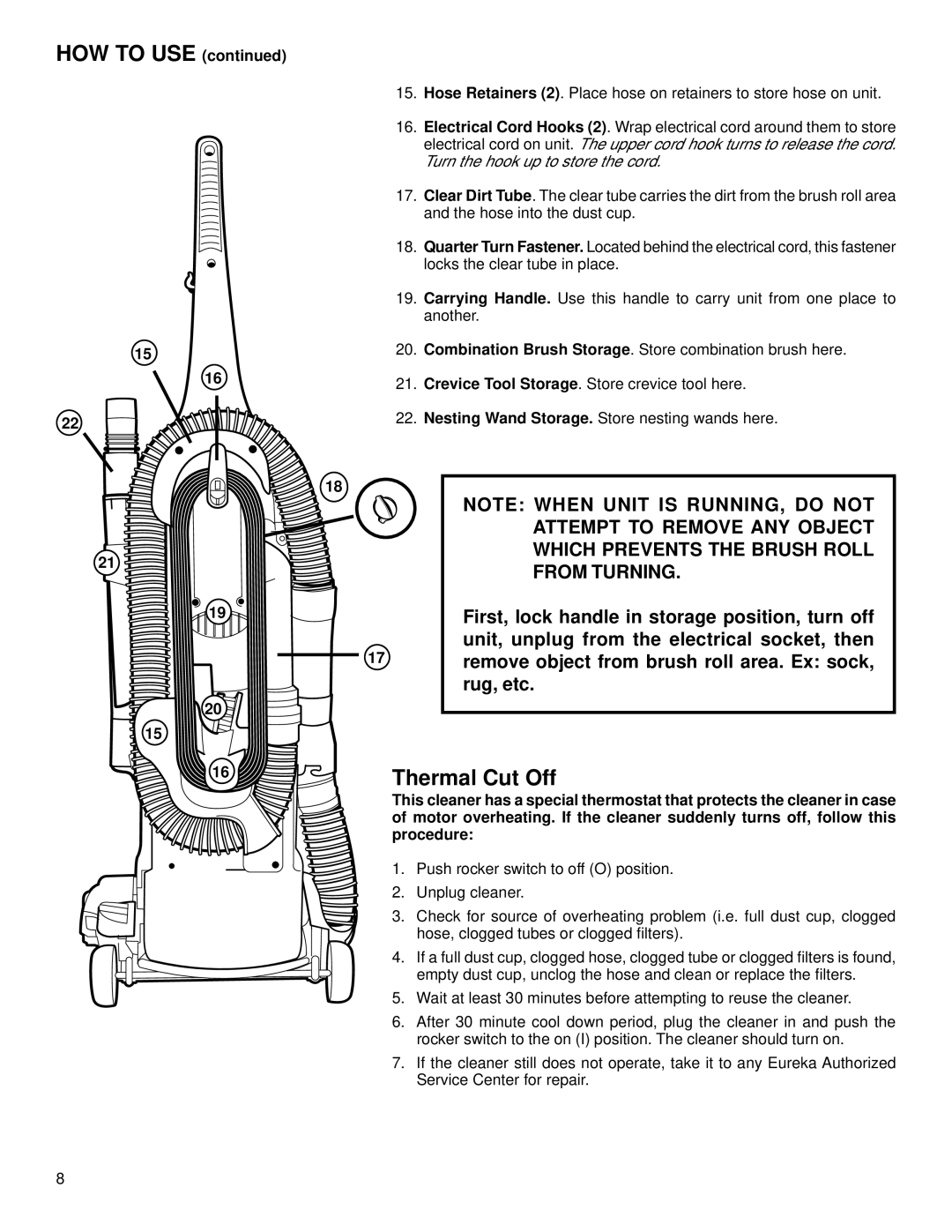 Eureka 4880 warranty HOW to USE, Combination Brush Storage. Store combination brush here, Procedure 