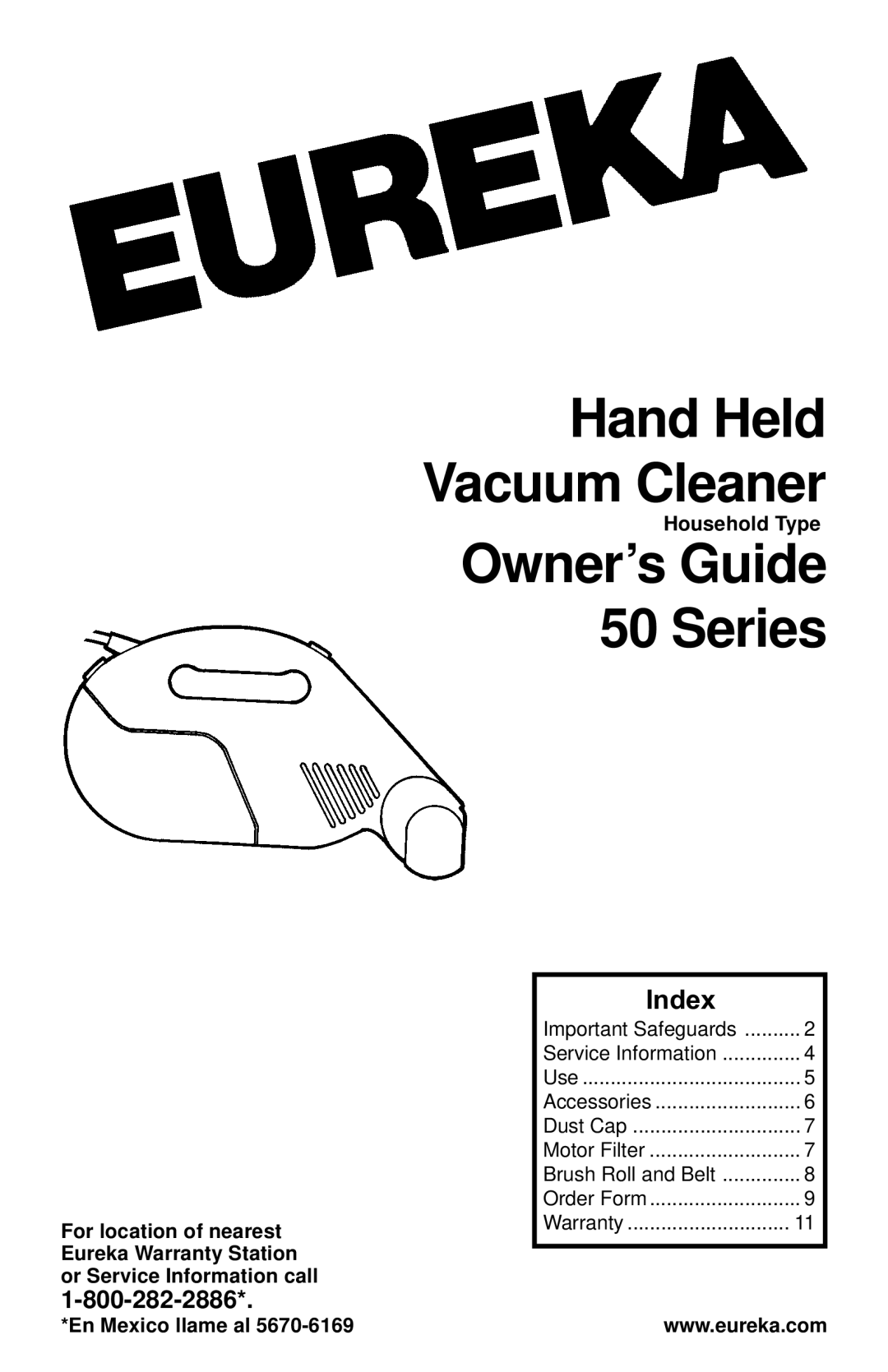 Eureka warranty Owner’s Guide 50 Series, Index 