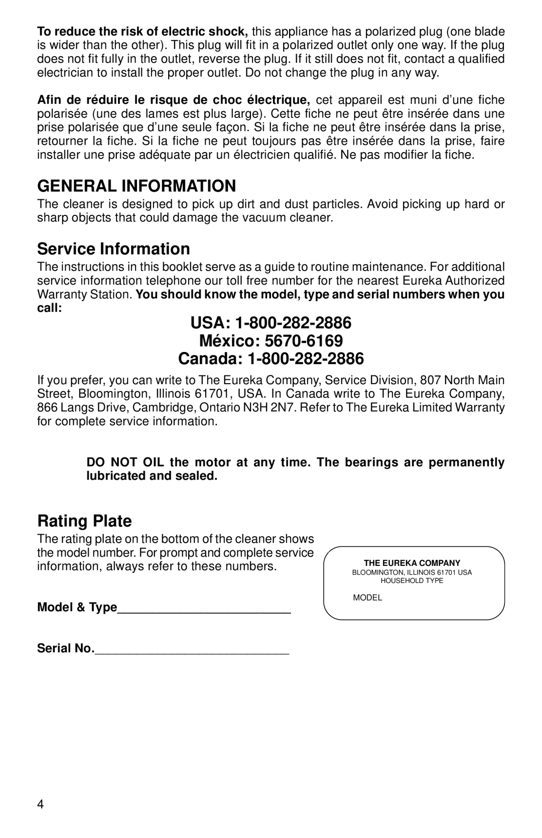 Eureka 50 warranty Service Information, USA México Canada, Rating Plate 