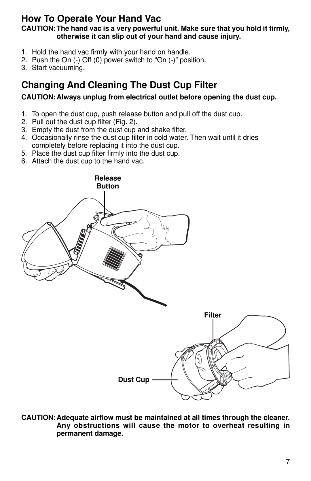 Eureka 50 warranty How To Operate Your Hand Vac, Changing And Cleaning The Dust Cup Filter 