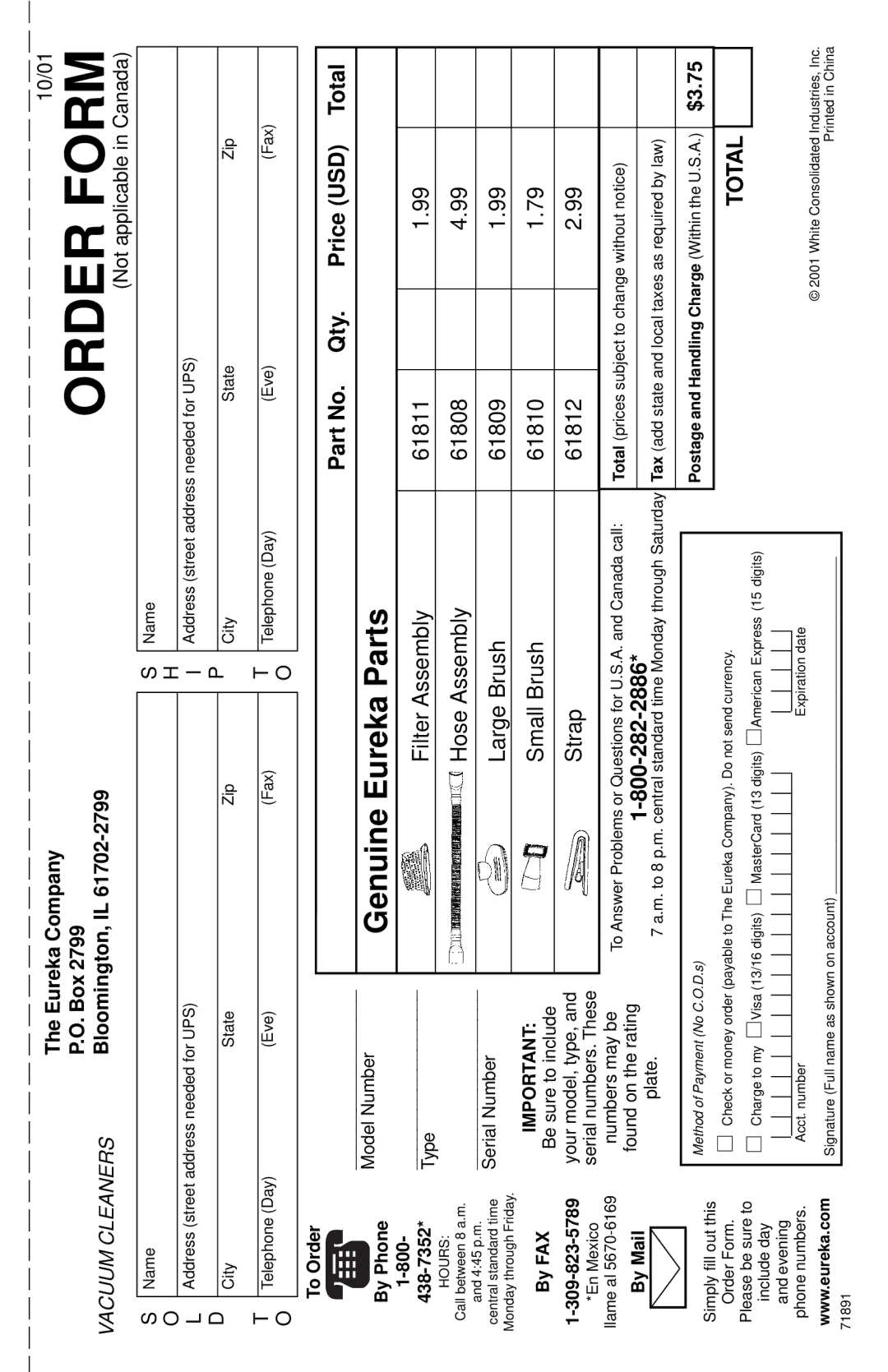 Eureka 50 warranty Order Form 