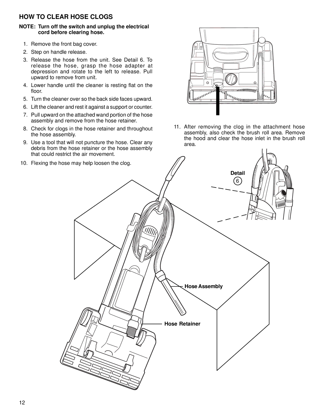 Eureka 5180 warranty HOW to Clear Hose Clogs, Detail Hose Assembly Hose Retainer 