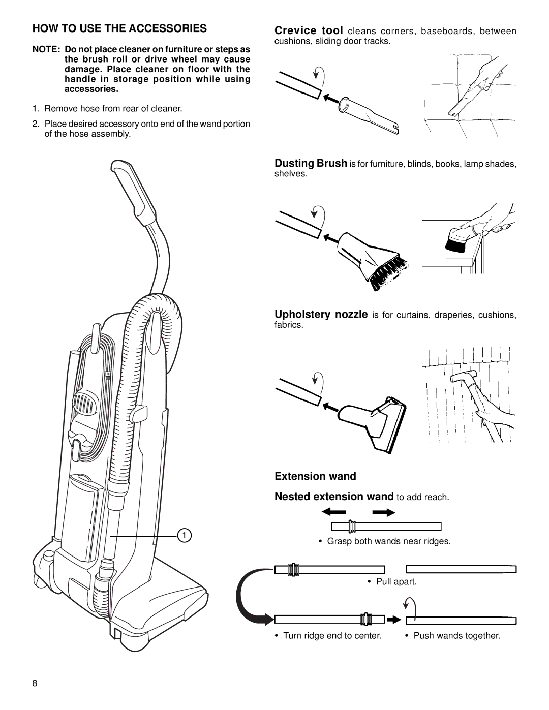 Eureka 5180 warranty HOW to USE the Accessories, Extension wand Nested extension wand to add reach 