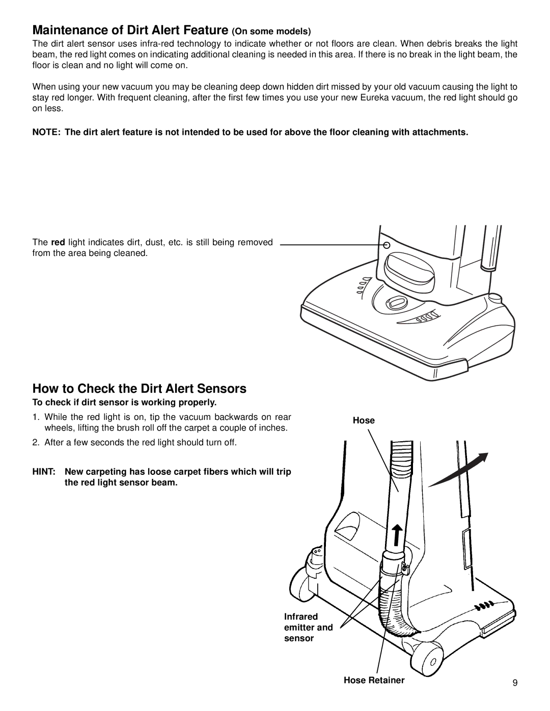 Eureka 5180 warranty Maintenance of Dirt Alert Feature On some models, To check if dirt sensor is working properly 