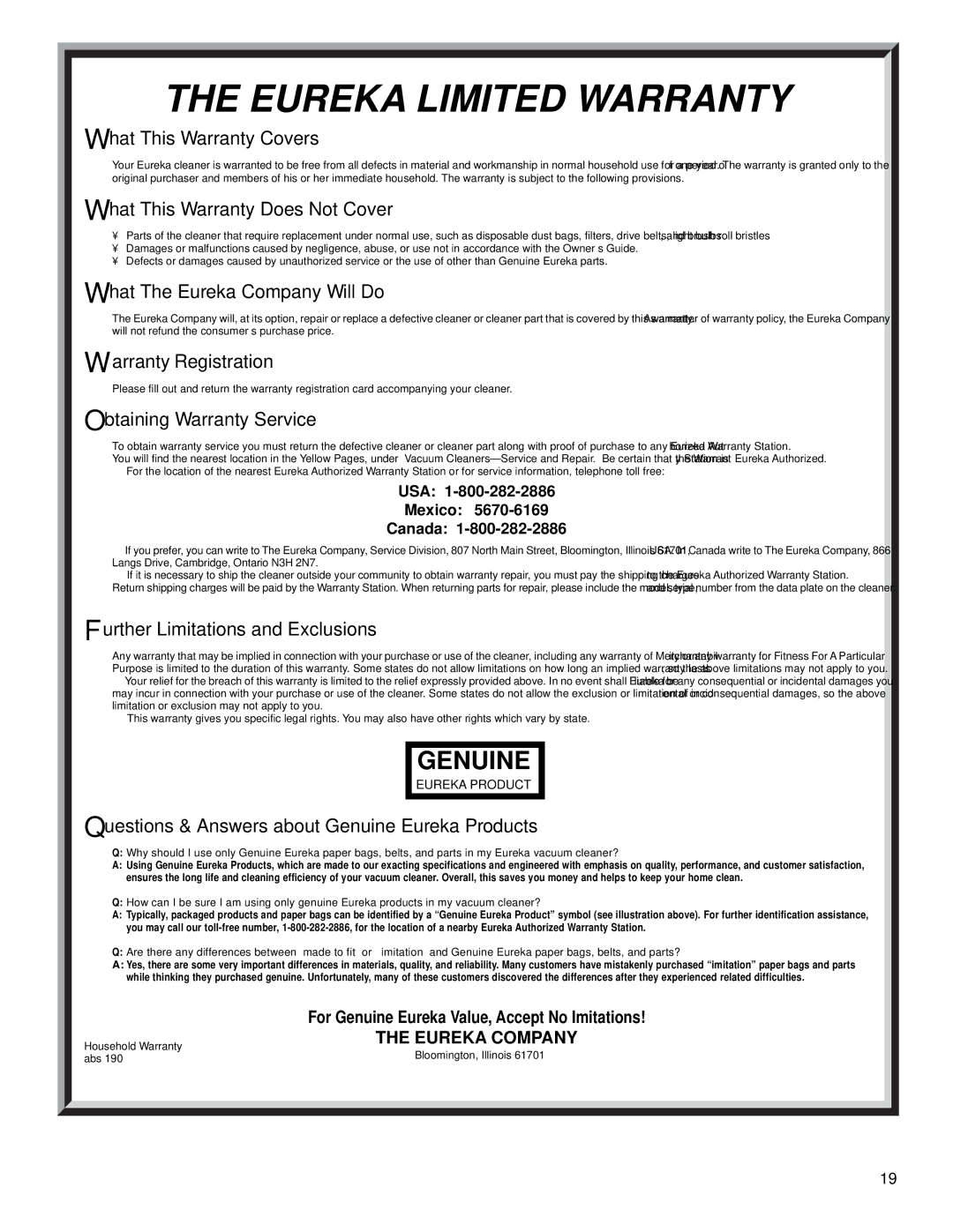 Eureka 5190 Series warranty Eureka Limited Warranty, USA Mexico Canada 