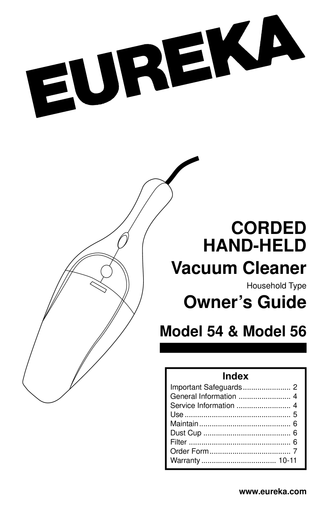 Eureka 56, 54 warranty Corded HAND-HELD, Index 