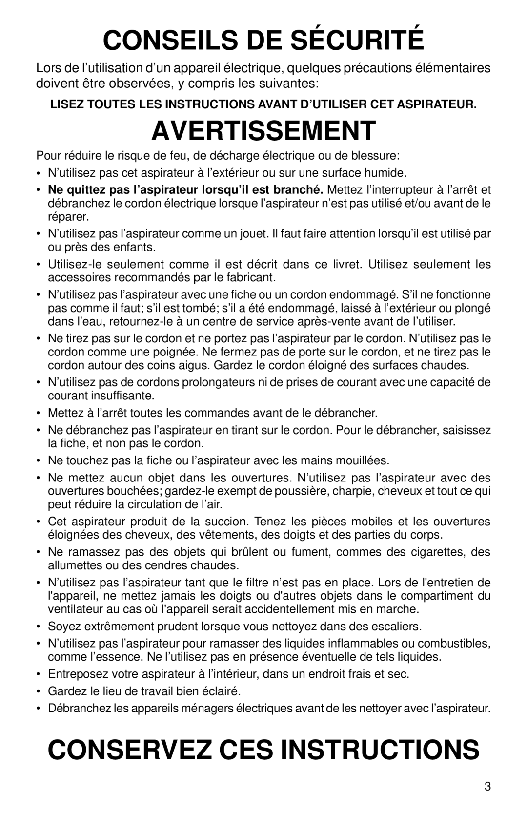 Eureka 56, 54 warranty Conseils DE Sécurité 