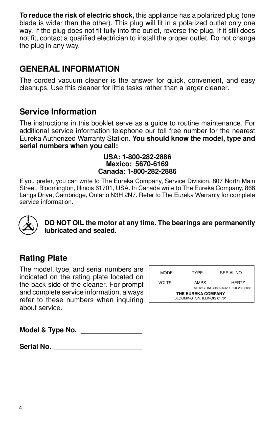 Eureka 54, 56 warranty General Information, Service Information, Rating Plate 