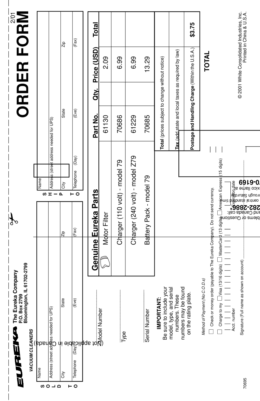 Eureka 56, 54 warranty Order Form 