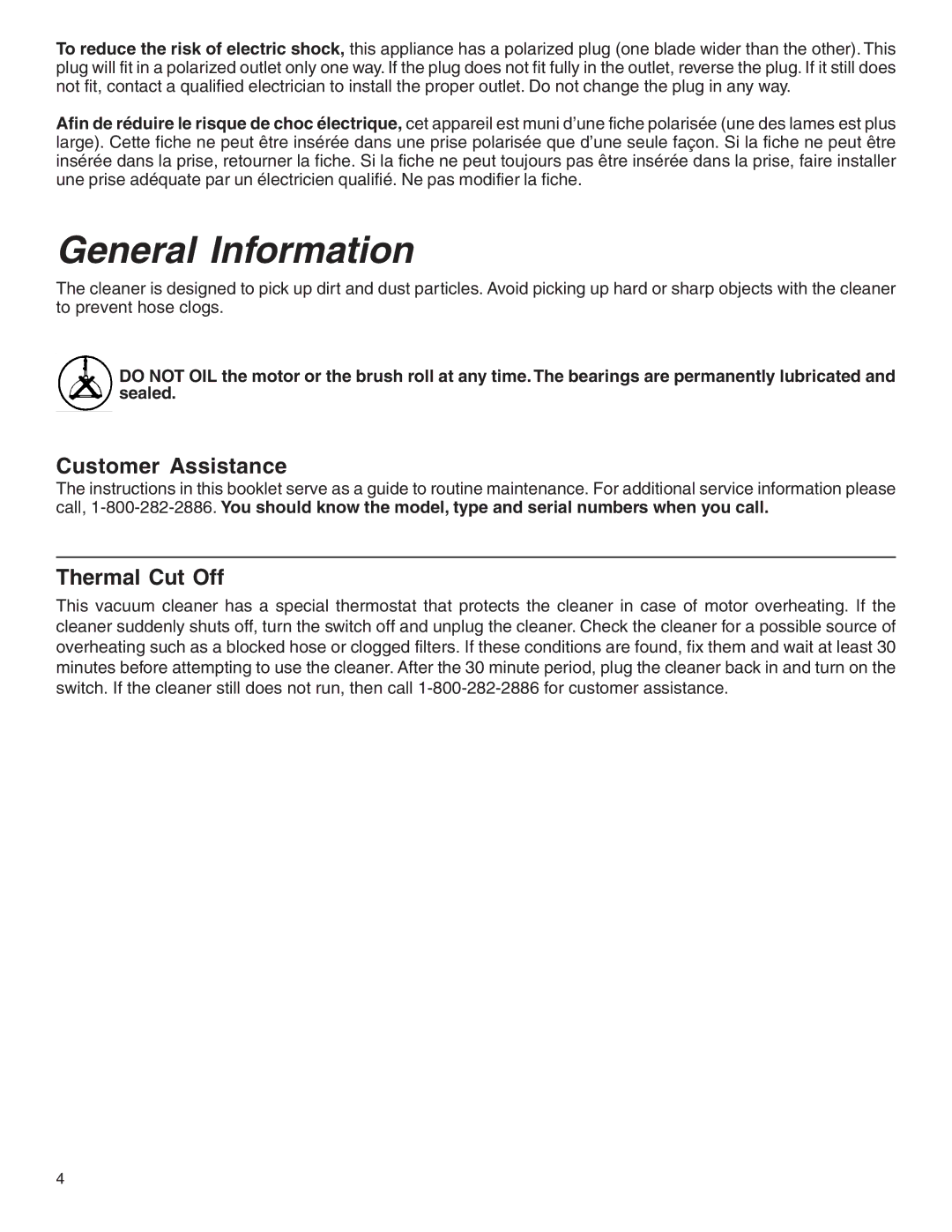 Eureka 5550 warranty General Information, Customer Assistance, Thermal Cut Off 