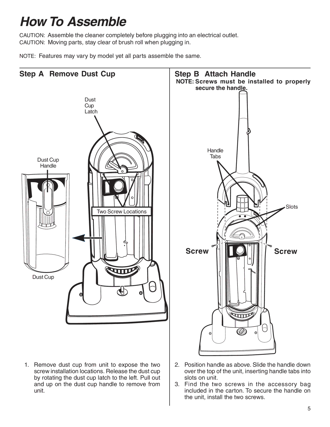 Eureka 5550 warranty How To Assemble, Step a Remove Dust Cup, Step B Attach Handle, Screw Screw 