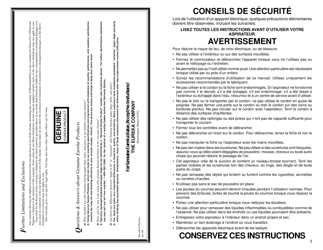 Eureka 57 warranty Conseils DE Sécurité, Avertissement, Conservez CES Instructions 