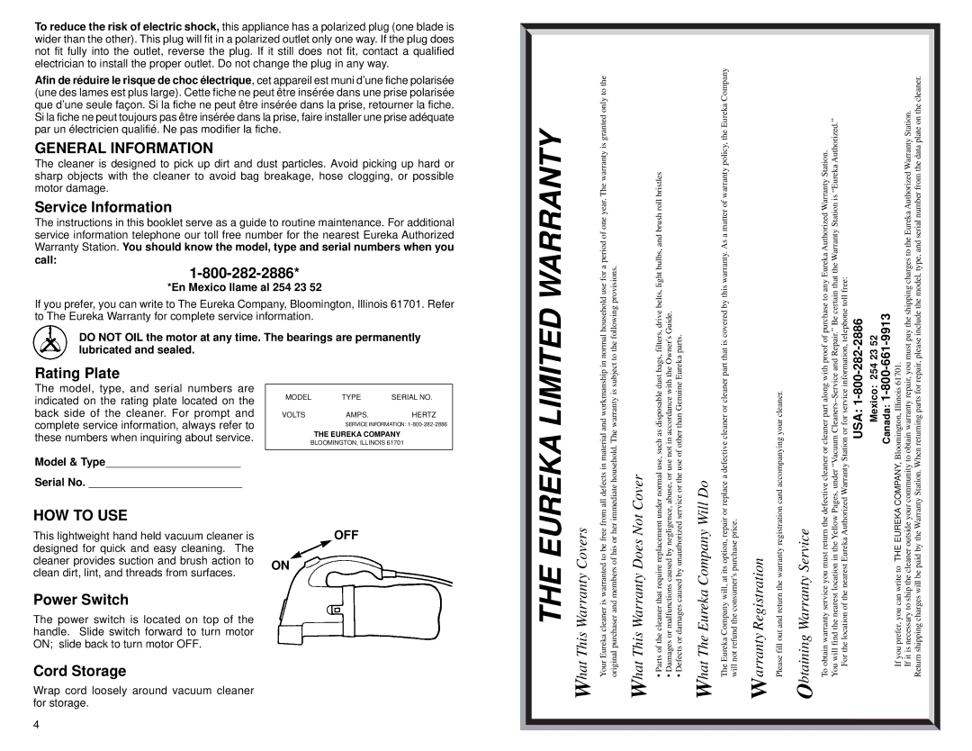 Eureka 57 warranty General Information, HOW to USE 