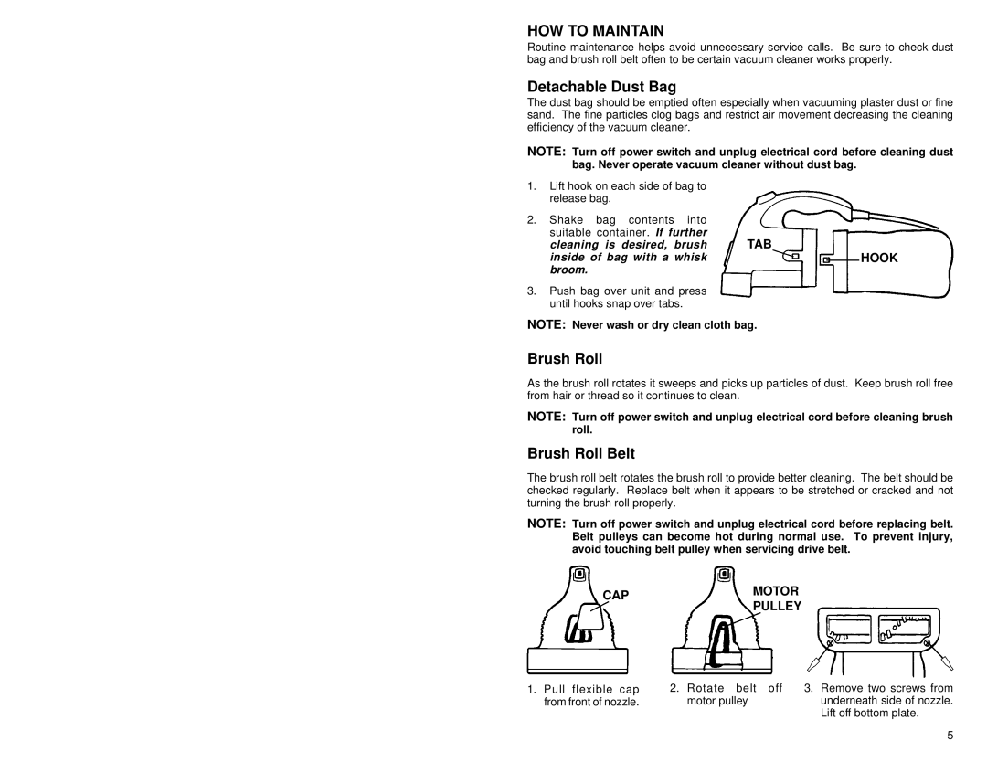 Eureka 57 warranty HOW to Maintain, Detachable Dust Bag, Brush Roll Belt 