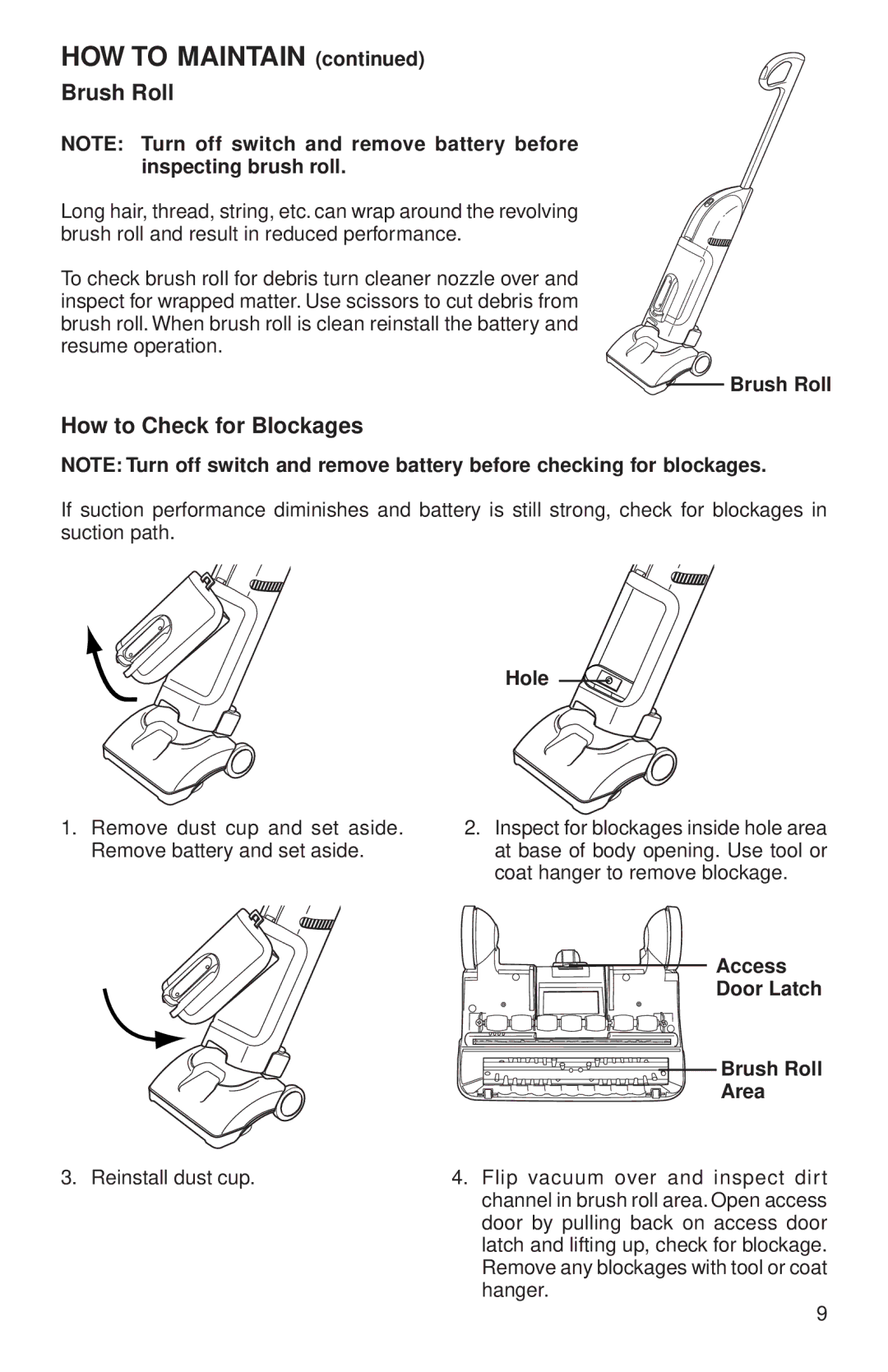 Eureka 570 warranty How to Check for Blockages, Hole, Access Door Latch Brush Roll Area 