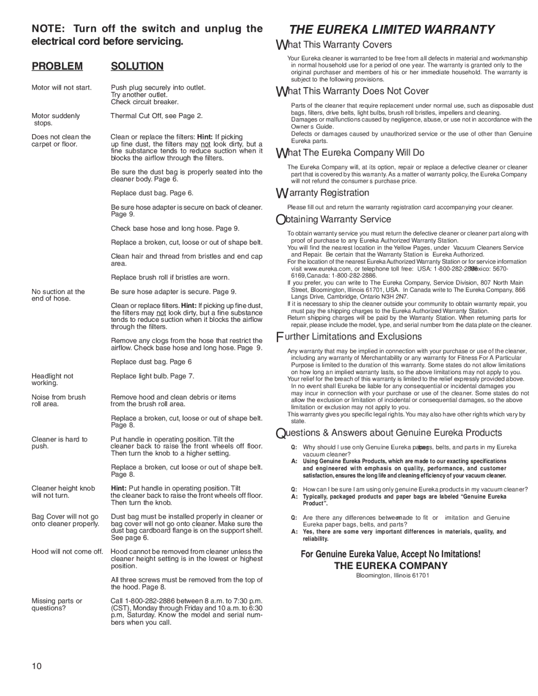 Eureka 5700-5739 warranty Eureka Limited Warranty 