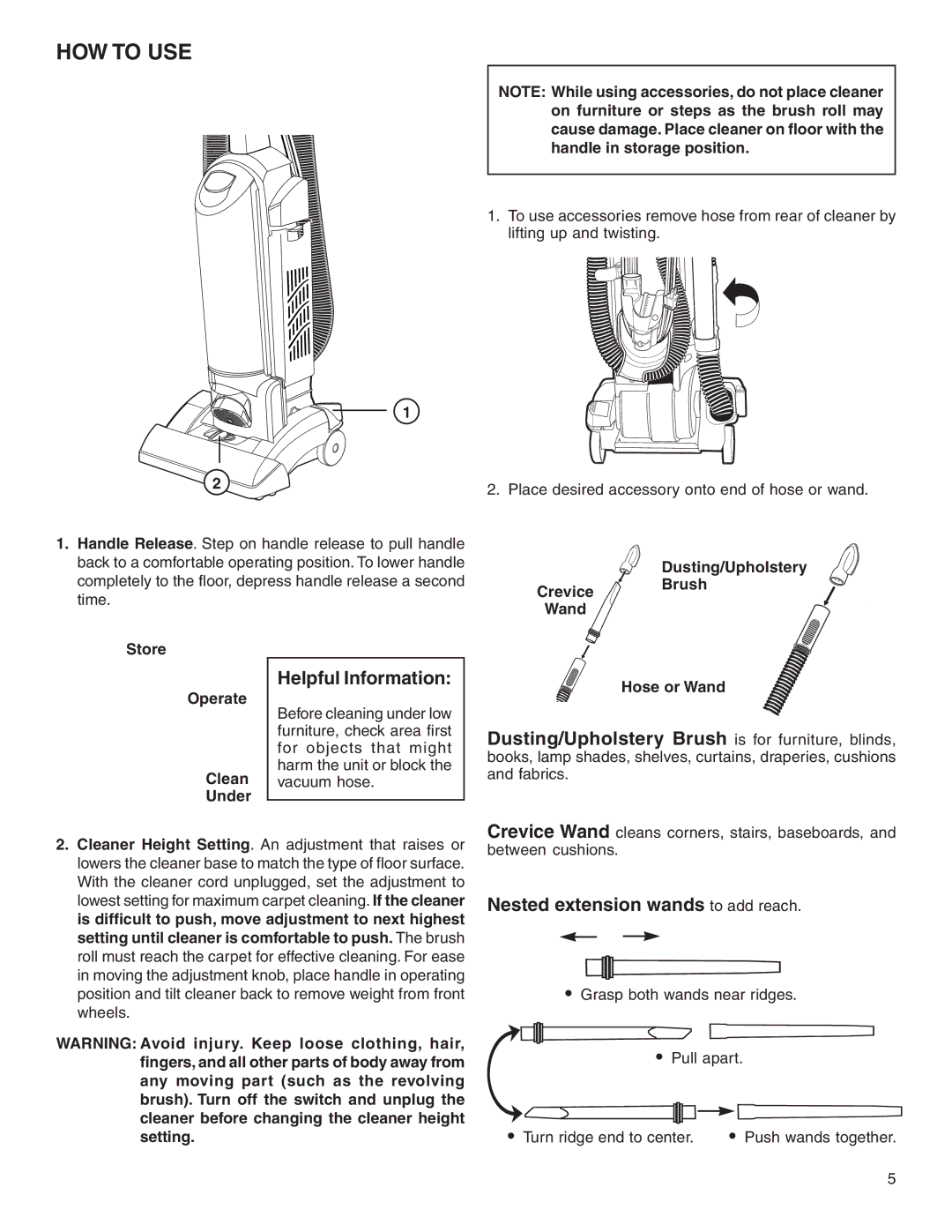 Eureka 5700-5739 warranty HOW to USE, Nested extension wands to add reach, Place desired accessory onto end of hose or wand 