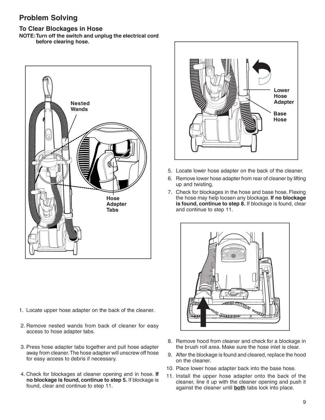 Eureka 5700-5739 warranty Problem Solving, To Clear Blockages in Hose, Lower 