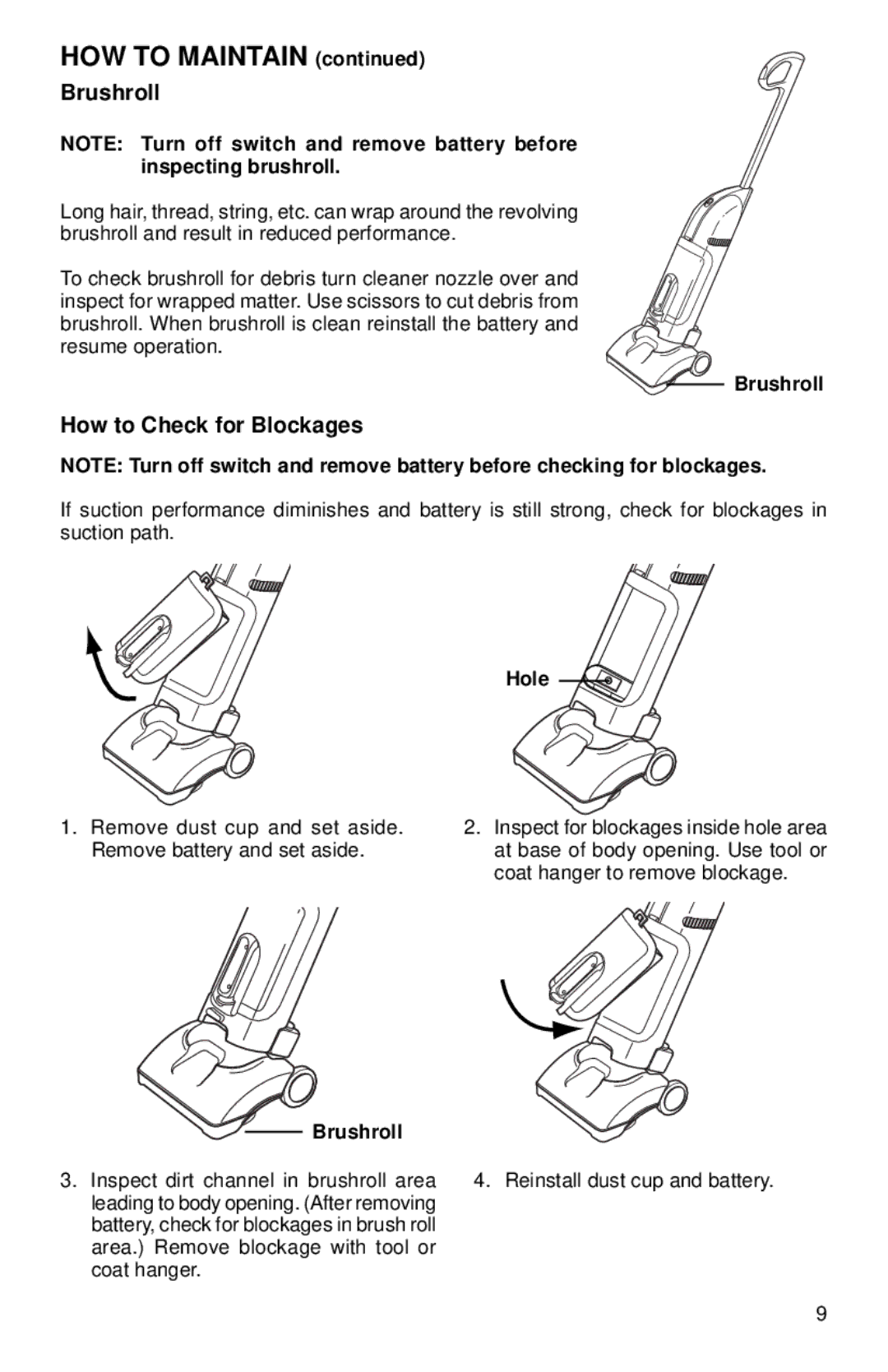 Eureka 570A warranty Brushroll, How to Check for Blockages, Hole 