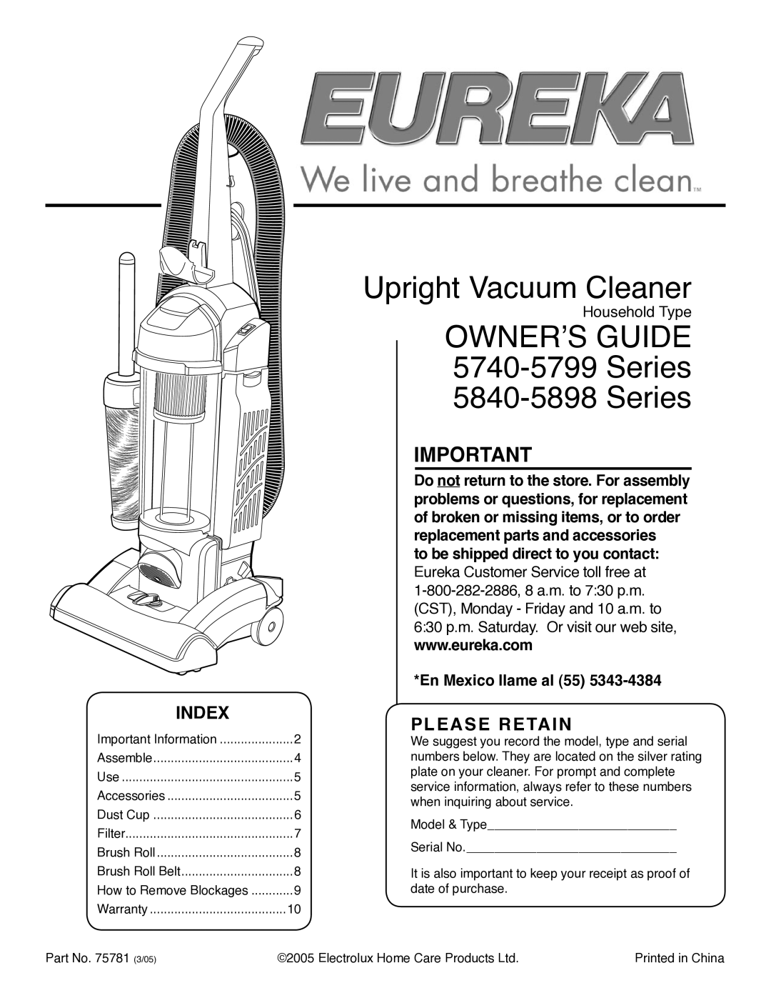 Eureka 5740-5799 Series warranty Index, Please Retain, To be shipped direct to you contact En Mexico llame al 55 