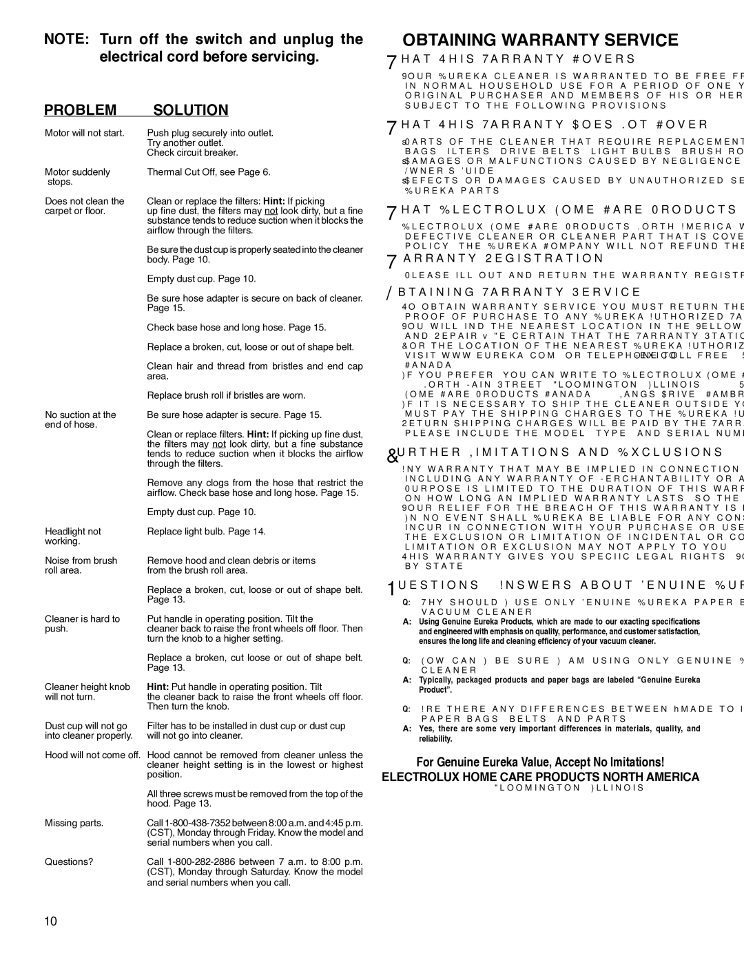 Eureka 5740-5799 Series warranty Obtaining Warranty Service, Problem Solution 